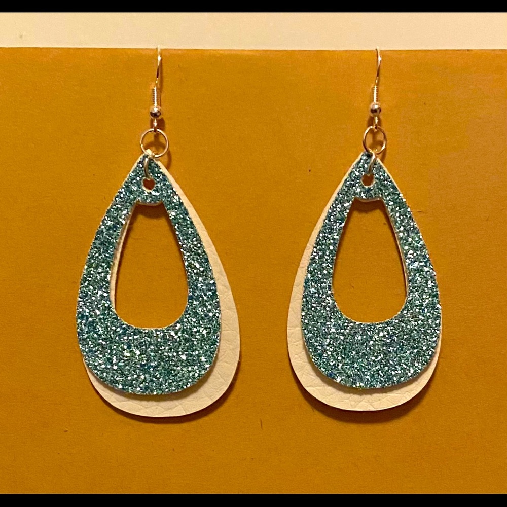 Handmade Faux Leather Earrings-White &Blue Sparkle
